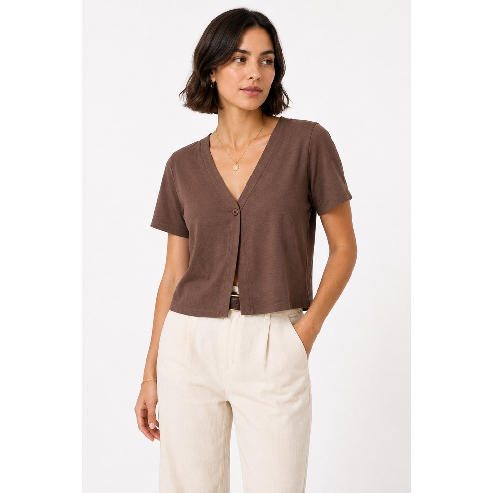 Chocolate Brown Cardigan Top Women XL Short Sleeve One Button 90s Minimalist